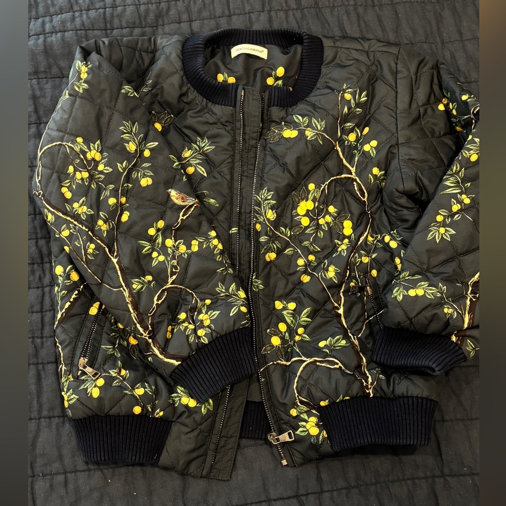 Dolce & Gabbana Black and Yellow Floral Puffer Jacket